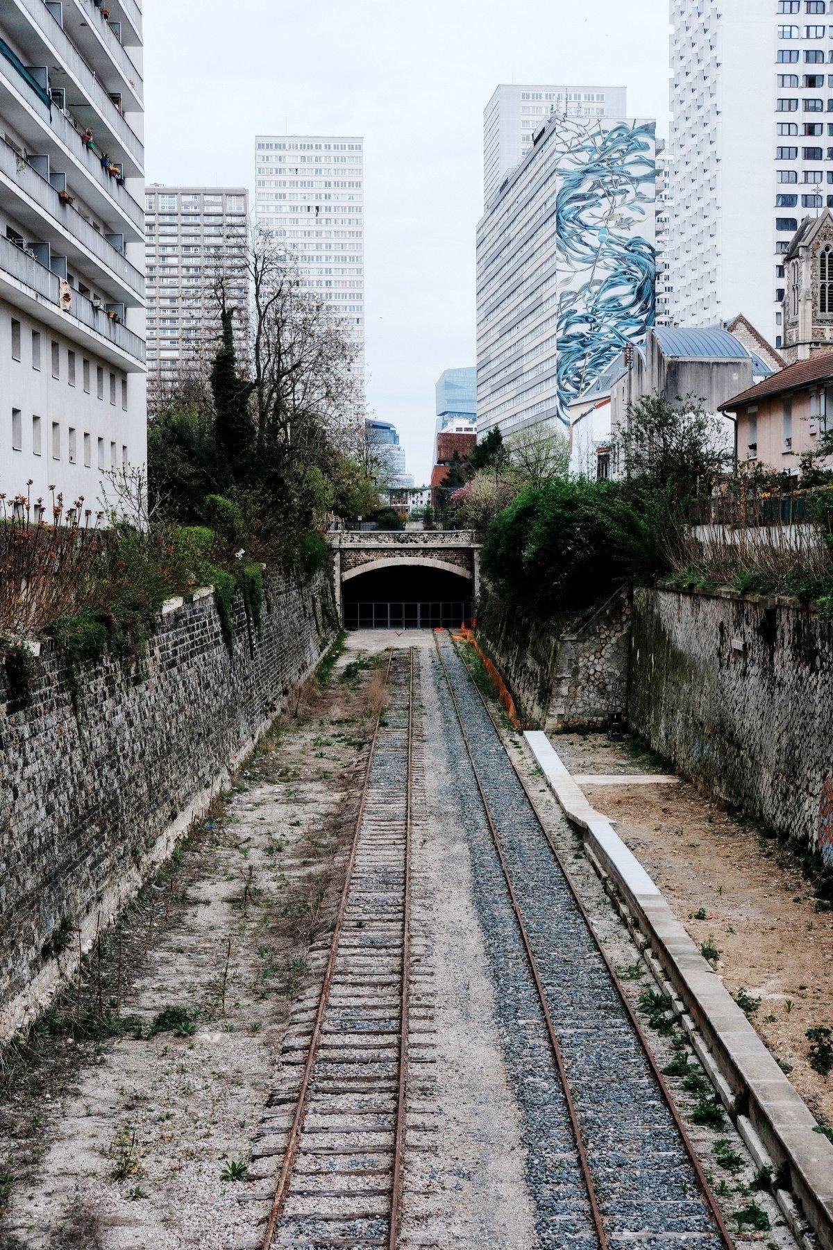 Photo verticale. Une double voie ferrée dans une tranchée entre des immeubles résidentiels, qui plonge dans un tunnel