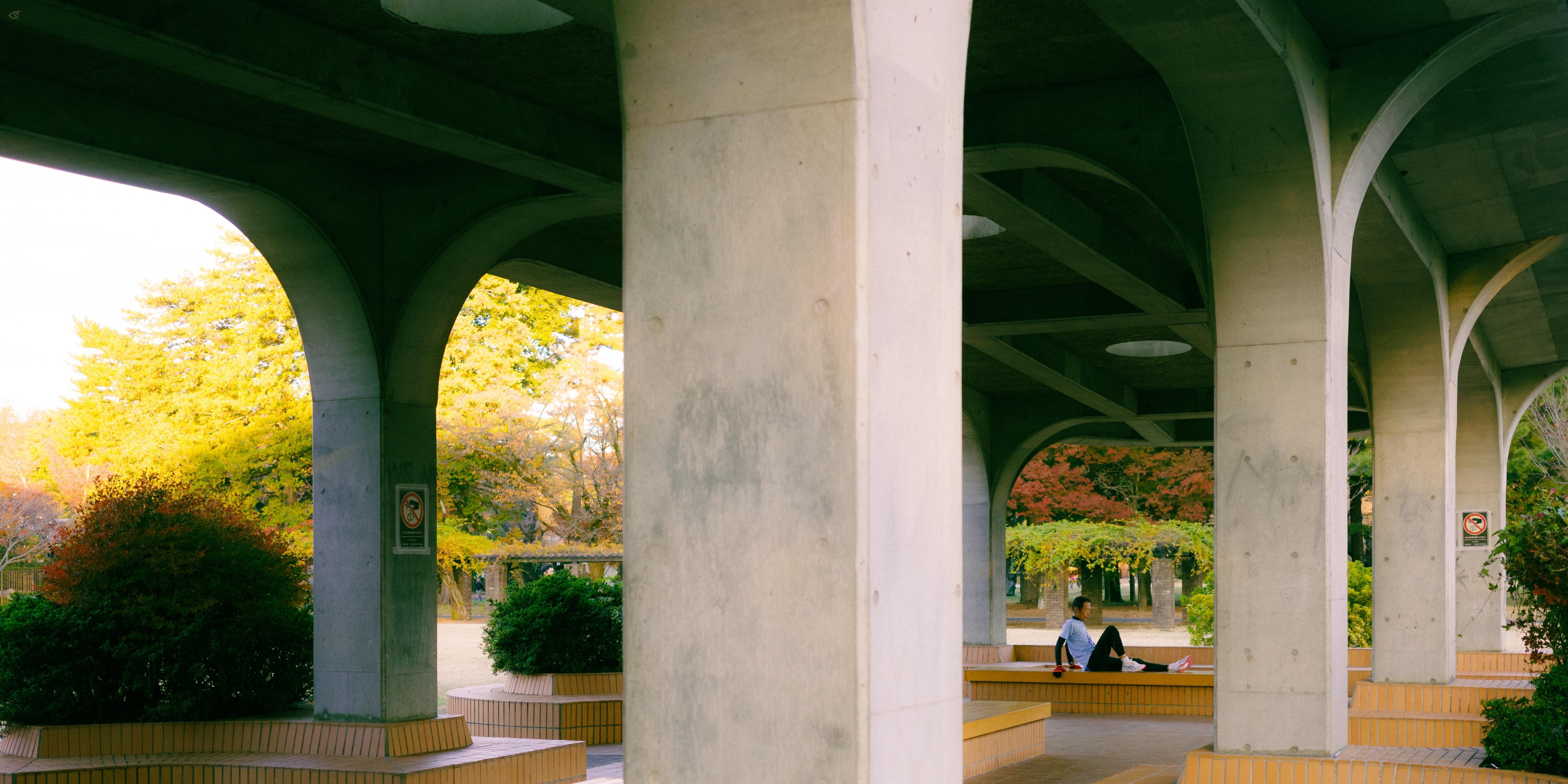 Concrete pillars supporting an elevated structure in a park, with arched crossbeams overhead, brick-edged seating and planters below, autumn trees in the background, and a person sitting on a bench near the center-right.