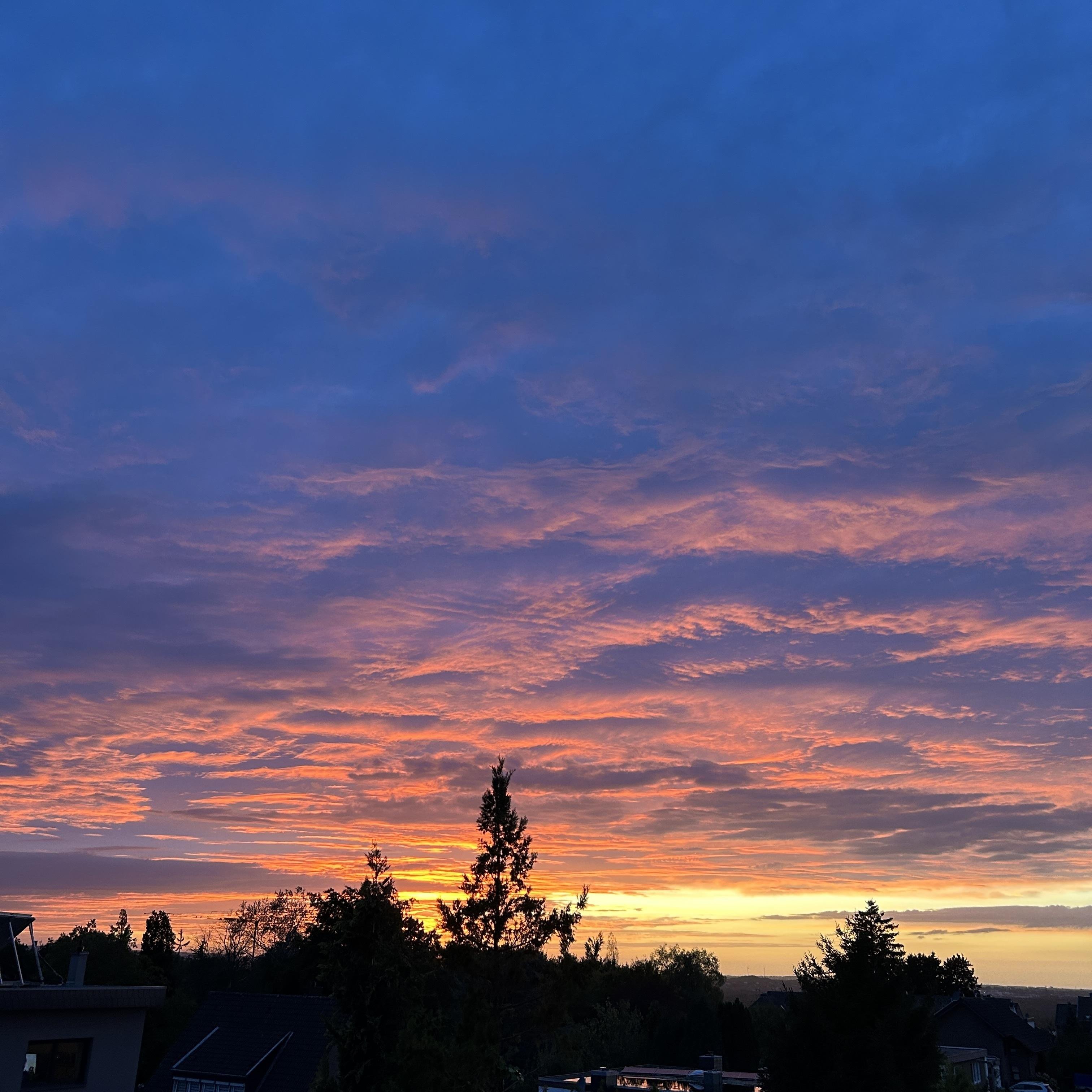 Das Bild zeigt einen Sonnenuntergang. Der Himmel ist mit orange-rosa-blau und violetten Wolken gefüllt, die in verschiedenen Schichten angeordnet sind und einen dramatischen Effekt erzeugen. Im Vordergrund befinden sich silhouettierte Bäume und die Dächer von Häusern. Der Sonnenuntergang ist hell und strahlend, im Gegensatz zu den dunklen Silhouetten der Bäume und Häuser. Das Gesamtbild wirkt ruhig und atmosphärisch.