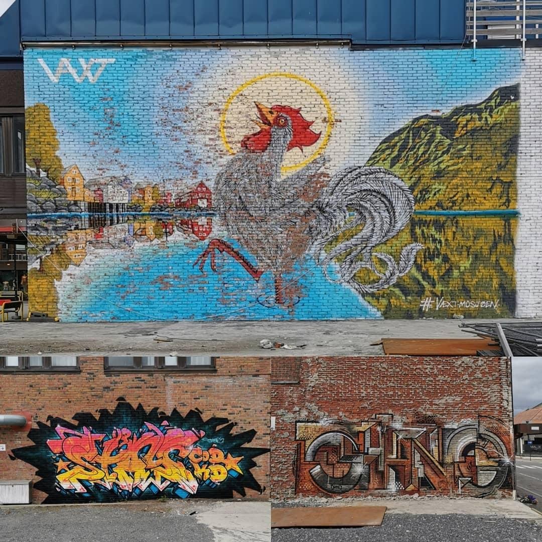 A collage of three graffiti pieces. The biggest piece is a mural of a rooster.