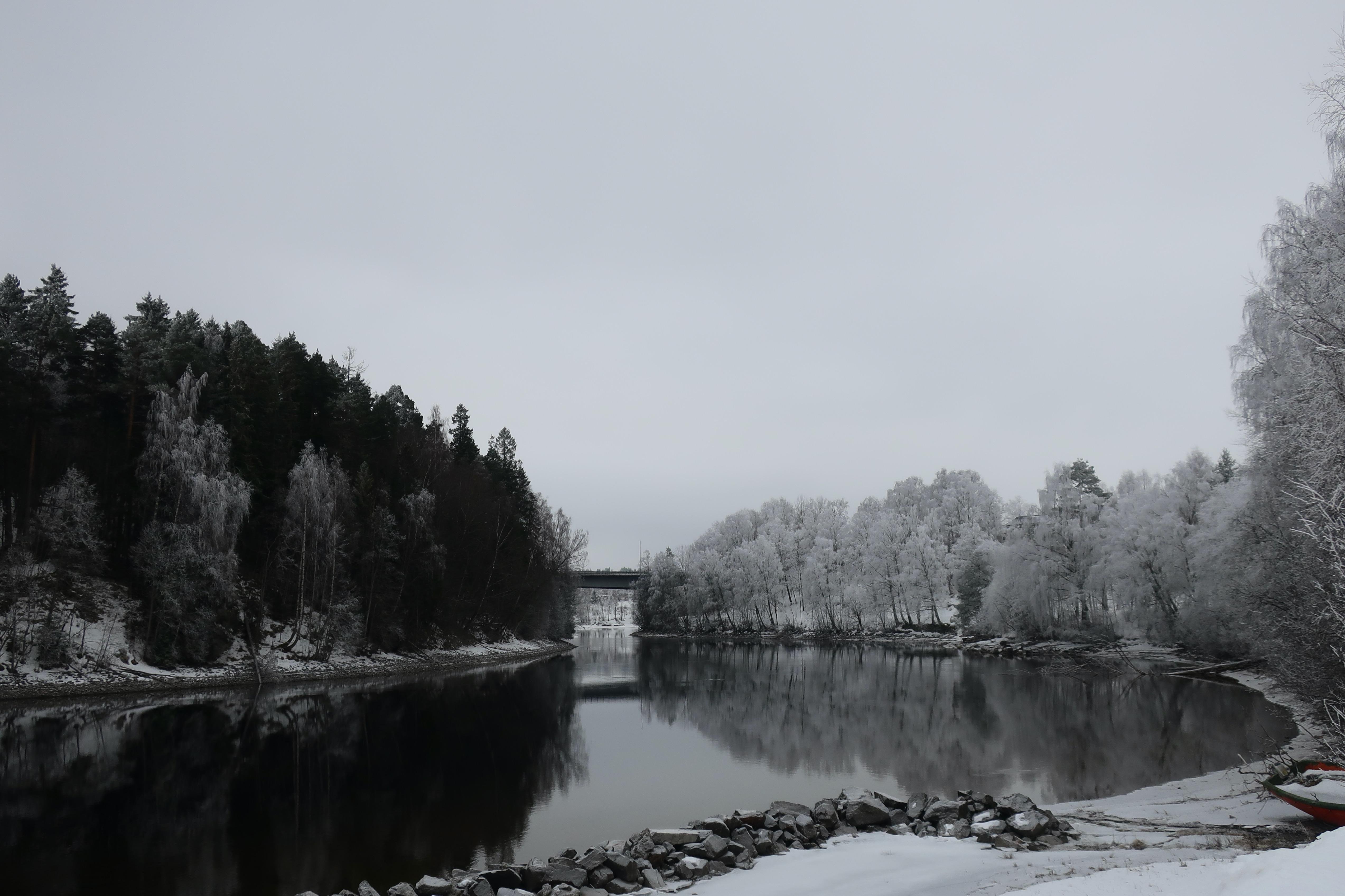overlooking a still river bend with a bridge in winter time. The tree-lines on both shorelines are perfectly reflected in the water. The right shore contains mainly birches, that are white from frost, while the left is mainly firs, creating a dark contrast to the other side. In the foreground the ground is covered in snow and a stone wall is running along parts of the shore. In the right lower corner, one can see parts of a red rowing boat.The sky is grey and the picture looks monochrome, though not edited. 