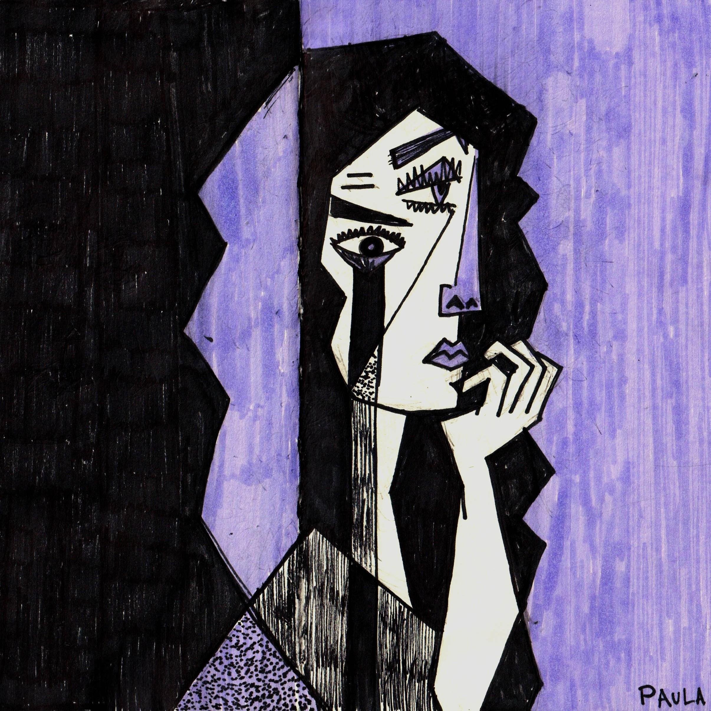 Dibujo/boceto realizado en dos páginas de un sketchbook, con rotuladores negro y morado. Aparece el retrato cubista de una mujer seria, que parece llorar por un ojo, con pelo aparentemente rizado y que se sujeta la barbilla con una mano. Los colores morados y negros son planos y se alternan, generándose algunas texturas. El fondo es mitad negro mitad morado, correspondiendo cada color a una página del sketchbook. Se aprecian los trazos sueltos de los rotuladores.