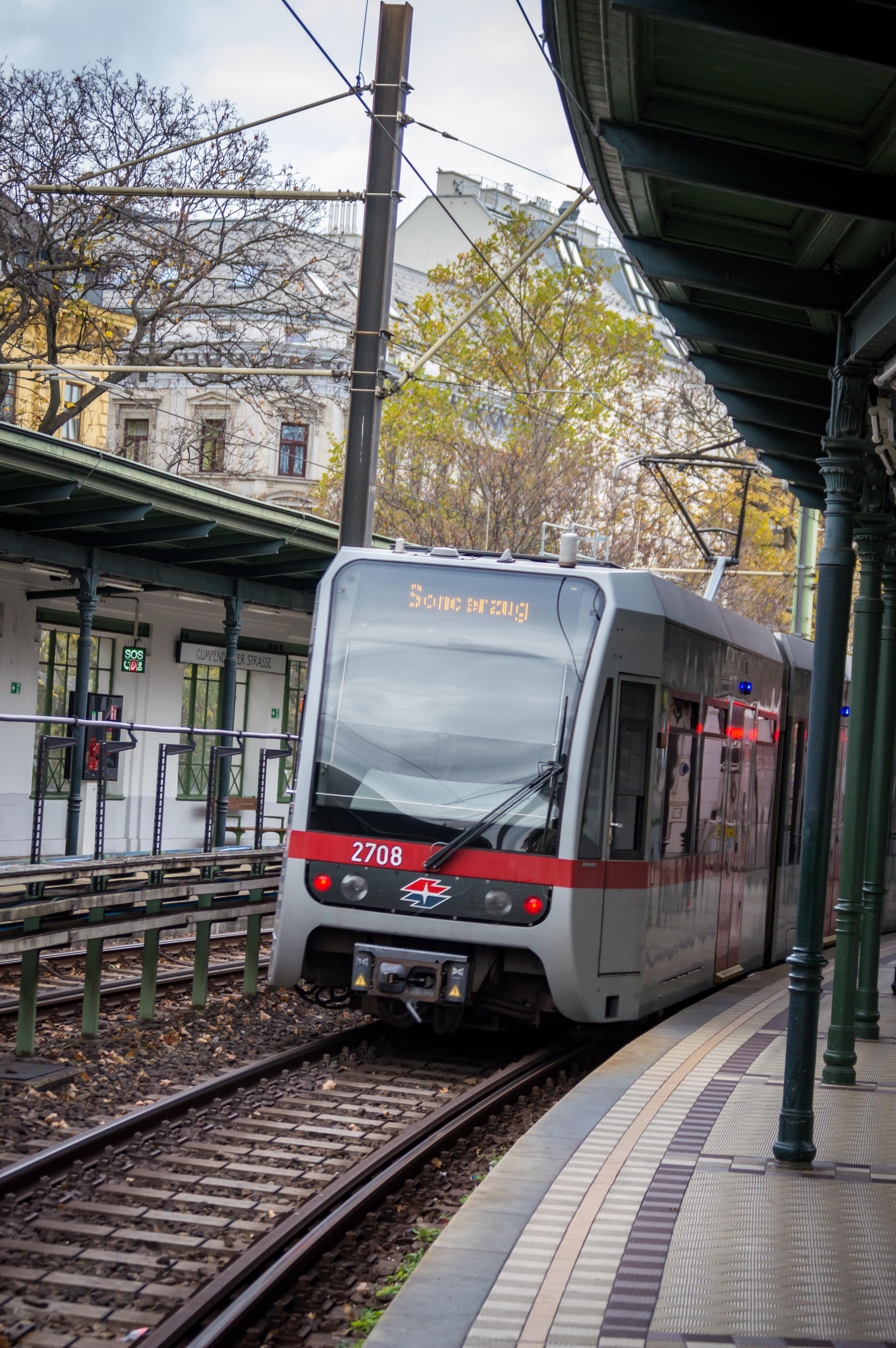 Vienna U-Bahn (overground line) train departing from a station