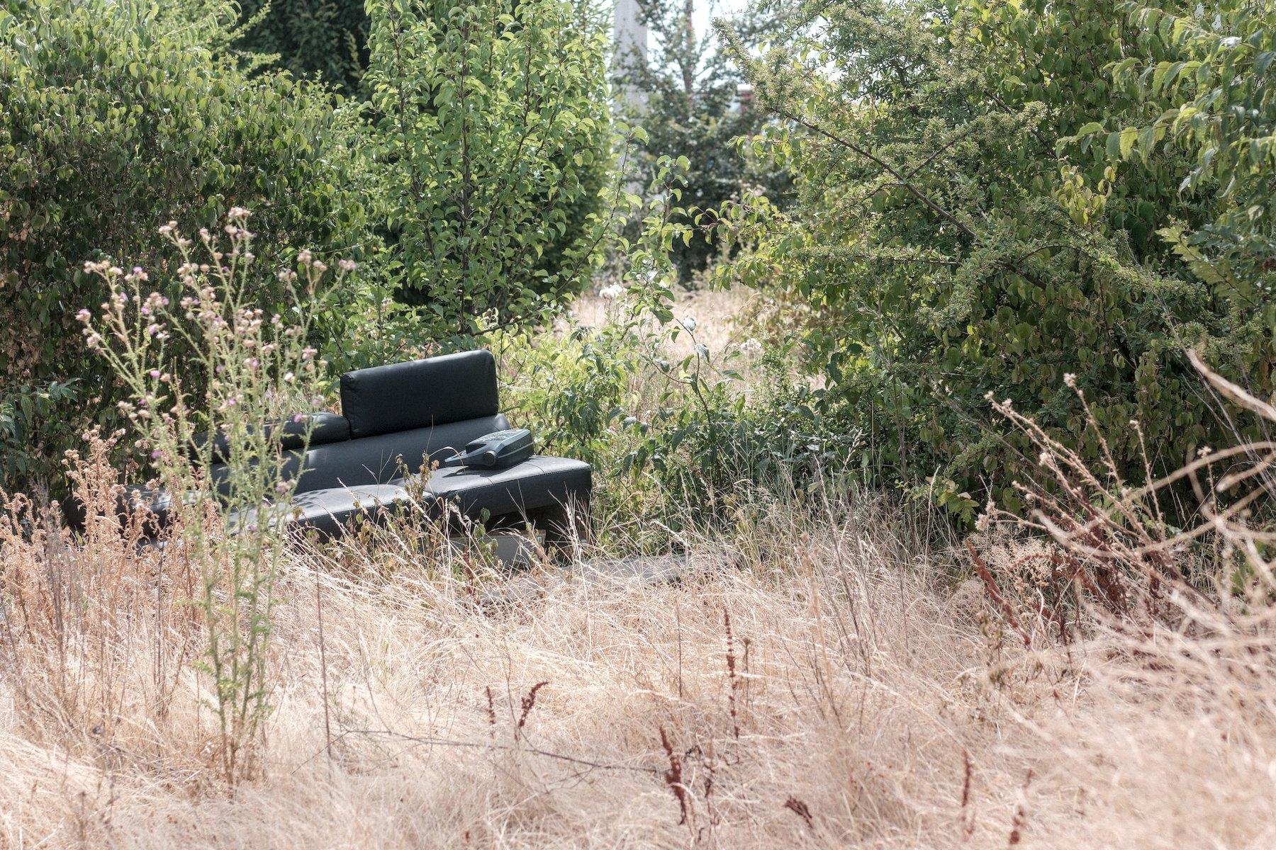 Photo horizontale. Dans un terrain vague, le premier plan est de l’herbe jaunie par la chaleur, le second plan, à la moitié de l’image, est resté vert malgré tout, et on voit un vieux canapé délabré noir à la frontière des lumières