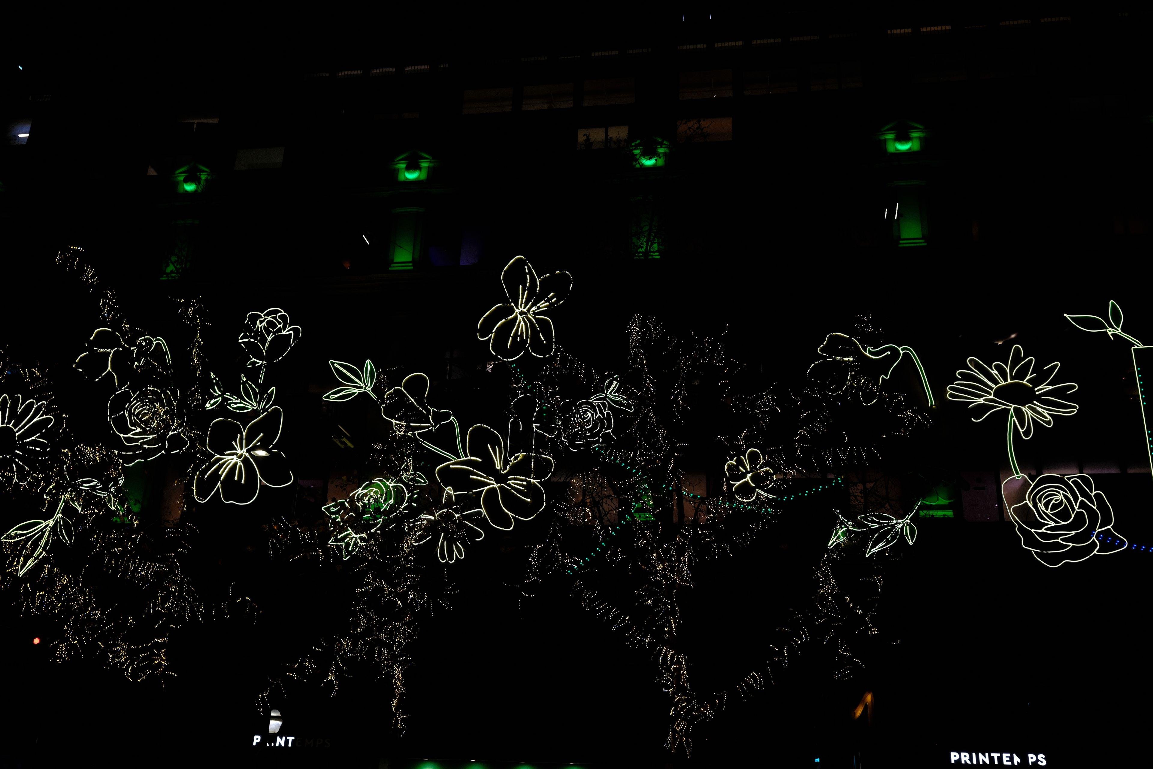 Photo horizontale de nuit. Des lumières dessinent des fleurs sur ce qu’on devine être une façade d’immeuble dans l’obscurité. Tout en haut, des lampes vertes éclairent les fenêtres les plus hautes.