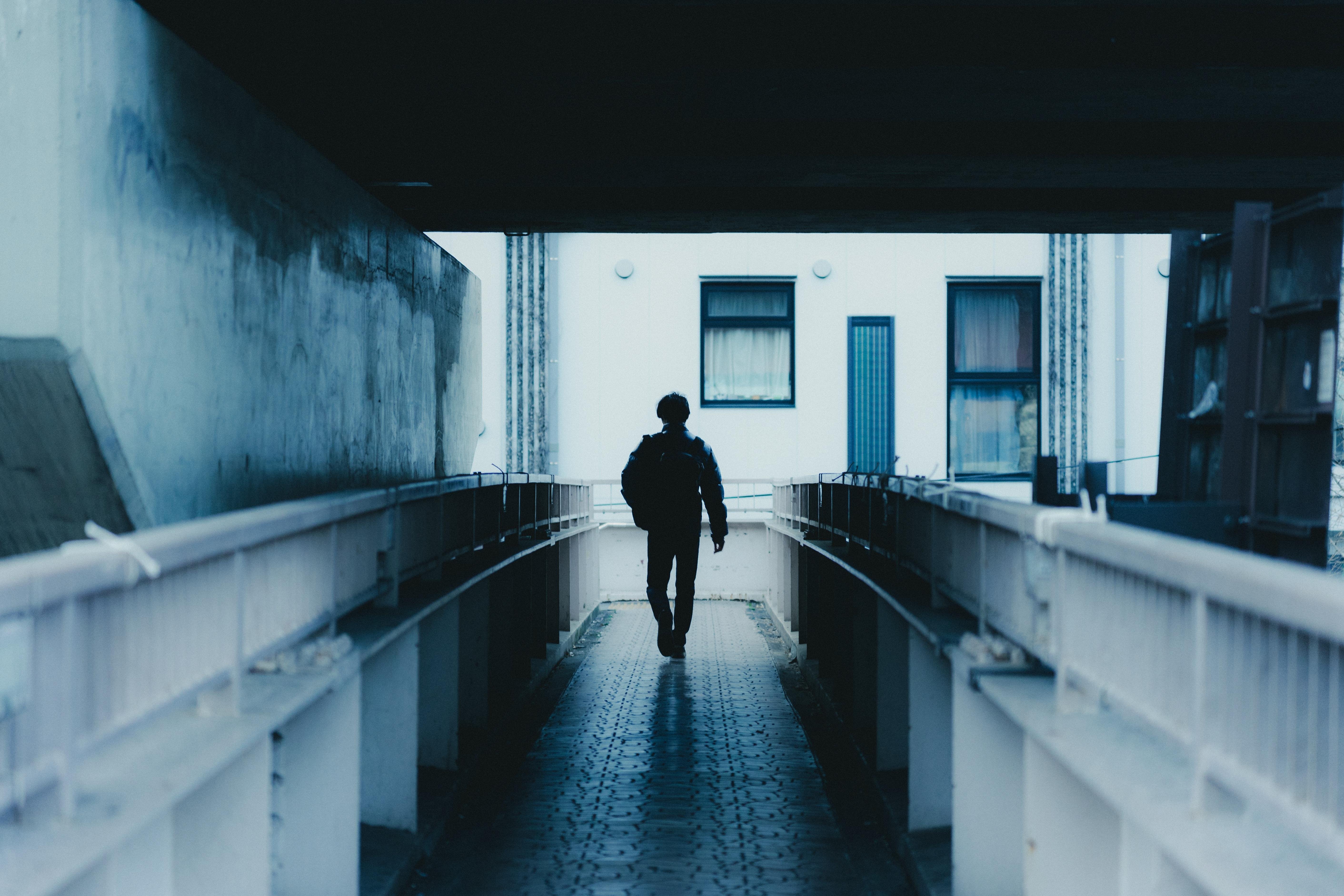 The image depicts a person walking alone down a narrow, covered walkway or passage. The person is silhouetted against the light background, which shows the exterior of a building. The scene has a moody, atmospheric feel with a blue tint.