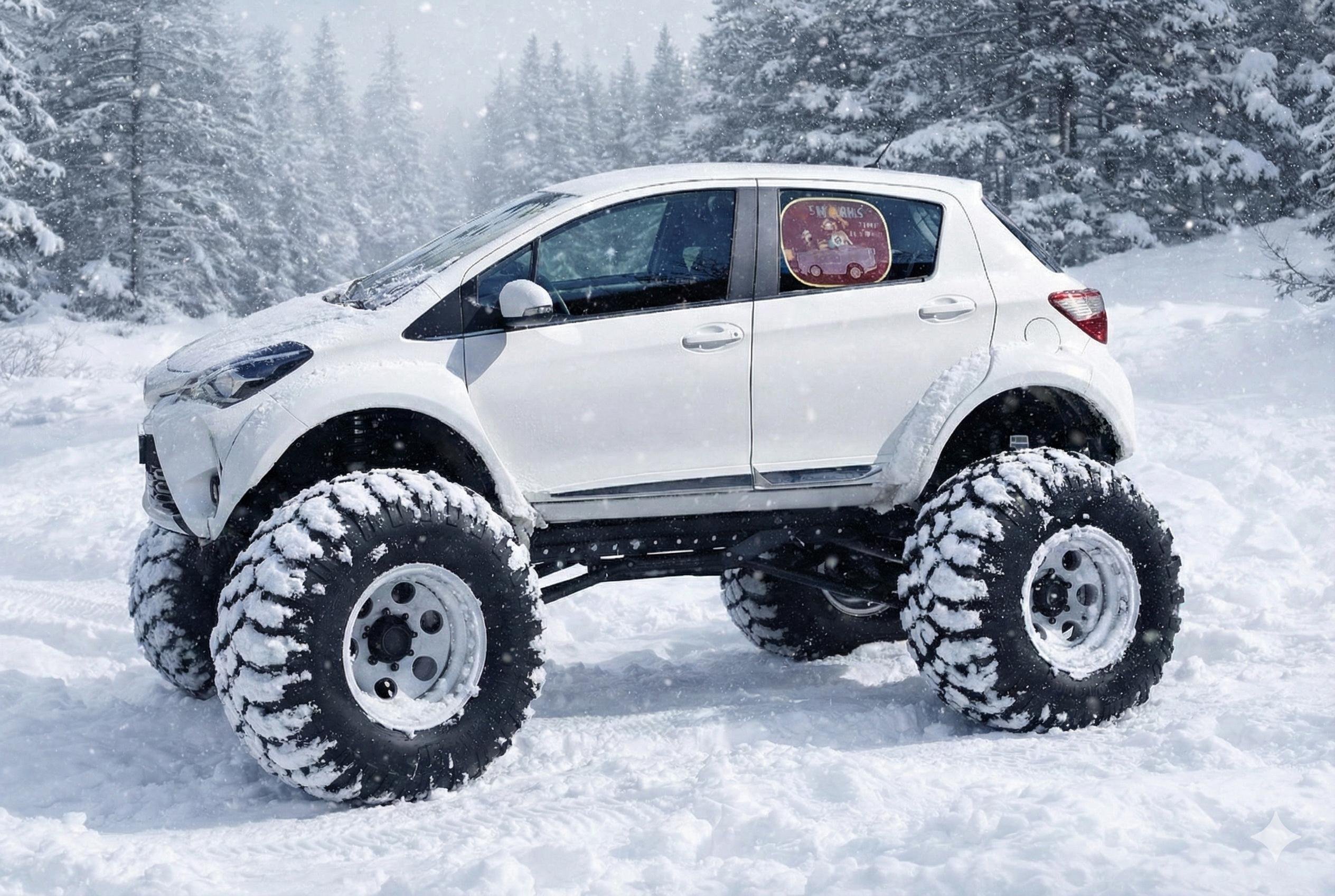 A white Toyota Yaris, nicknamed Skoosh, reimagined by AI as a high-clearance monster truck to conquer the winter. The compact, four-door hatchback body sits atop a massive, lifted suspension system and four gargantuan, rugged off-road tires that are nearly as tall as the car itself. The tires are caked in fresh snow, showing off deep, aggressive treads ready to crush any snowdrift in their path. Skoosh is parked in a deep, white winter wonderland surrounded by a soft-focus evergreen forest, with light snowflakes dancing through the air. On the rear passenger window, a quirky cartoon decal adds a touch of personality to this "mini-but-mighty" arctic explorer. The scene is a humorous and impressive contrast between a small city car and its new, overpowered "winter boots."