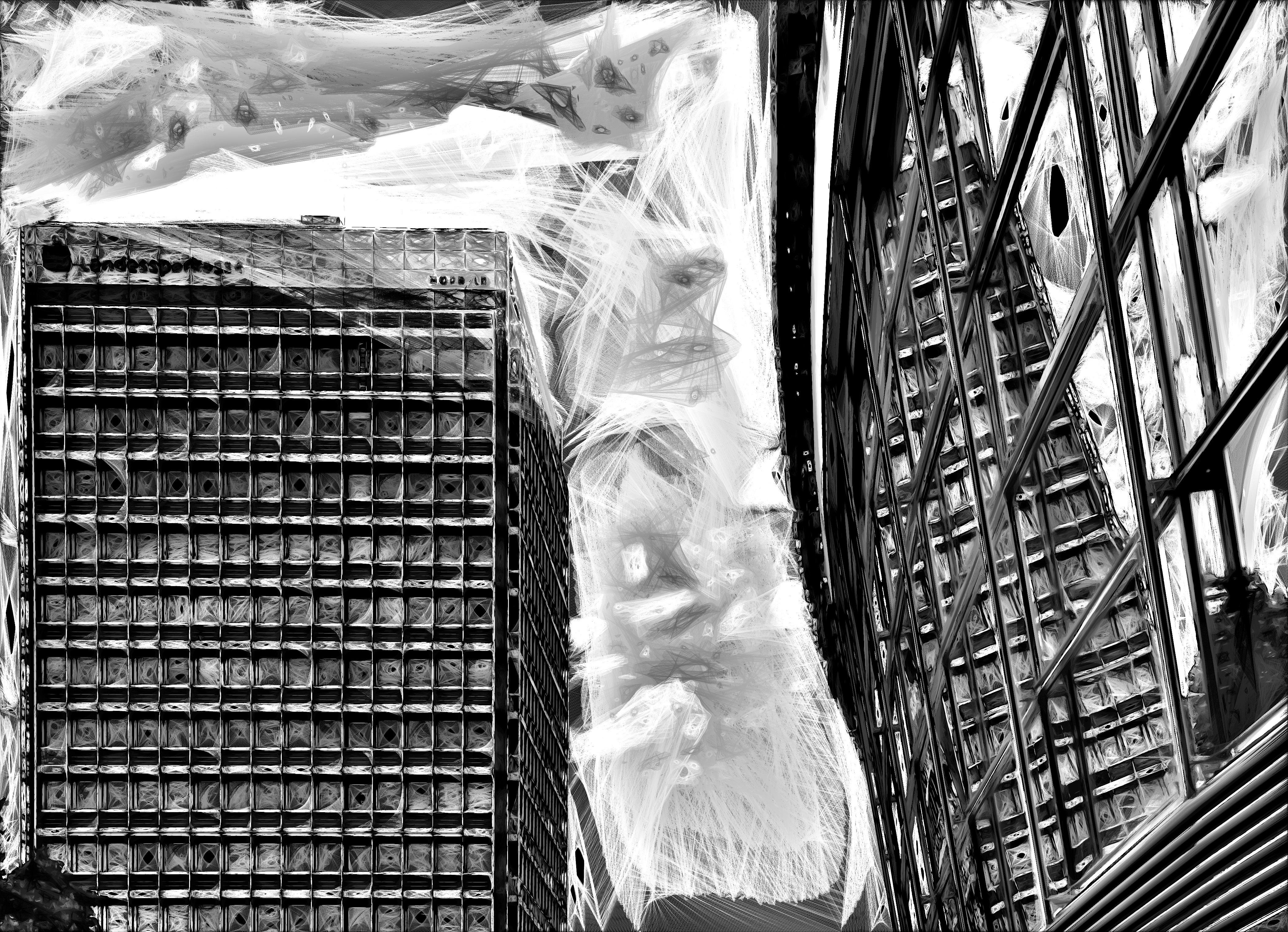 Black-and-white upward view between two tall office buildings, one with a grid of square windows on the left and a glass-and-steel facade on the right; a large, semi-transparent cat face is superimposed in the cloudy sky between them.
###
Schwarz-Weiß-Aufnahme mit Blick nach oben zwischen zwei hohen Bürogebäuden – links eines mit einem Raster quadratischer Fenster, rechts eines mit einer Fassade aus Glas und Stahl; am bewölkten Himmel dazwischen ist das große, halbtransparente Gesicht einer Katze eingeblendet.