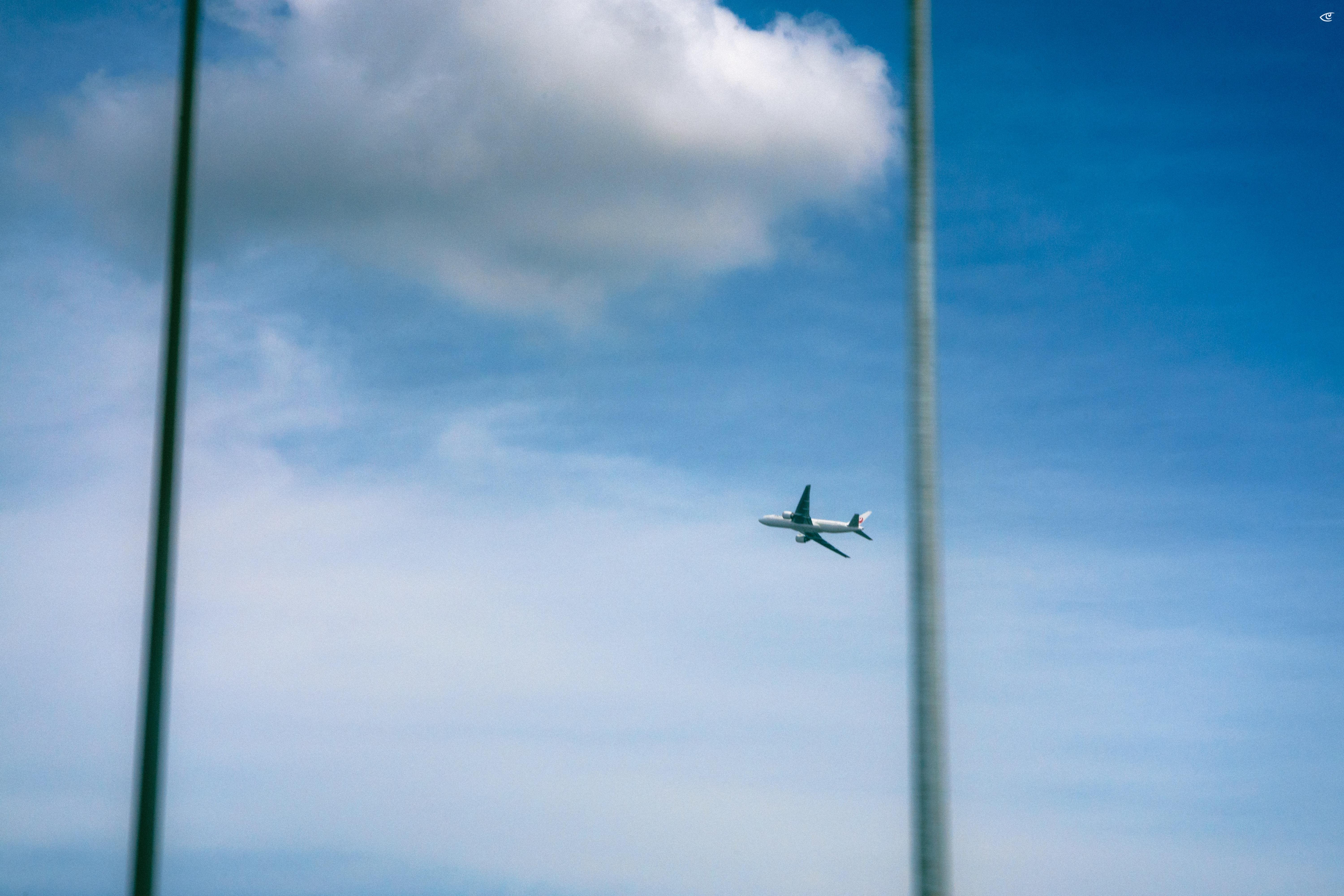 Small airplane flying across a blue sky with a large white cloud near the top left, framed by two tall out-of-focus vertical poles on the left and right edges.