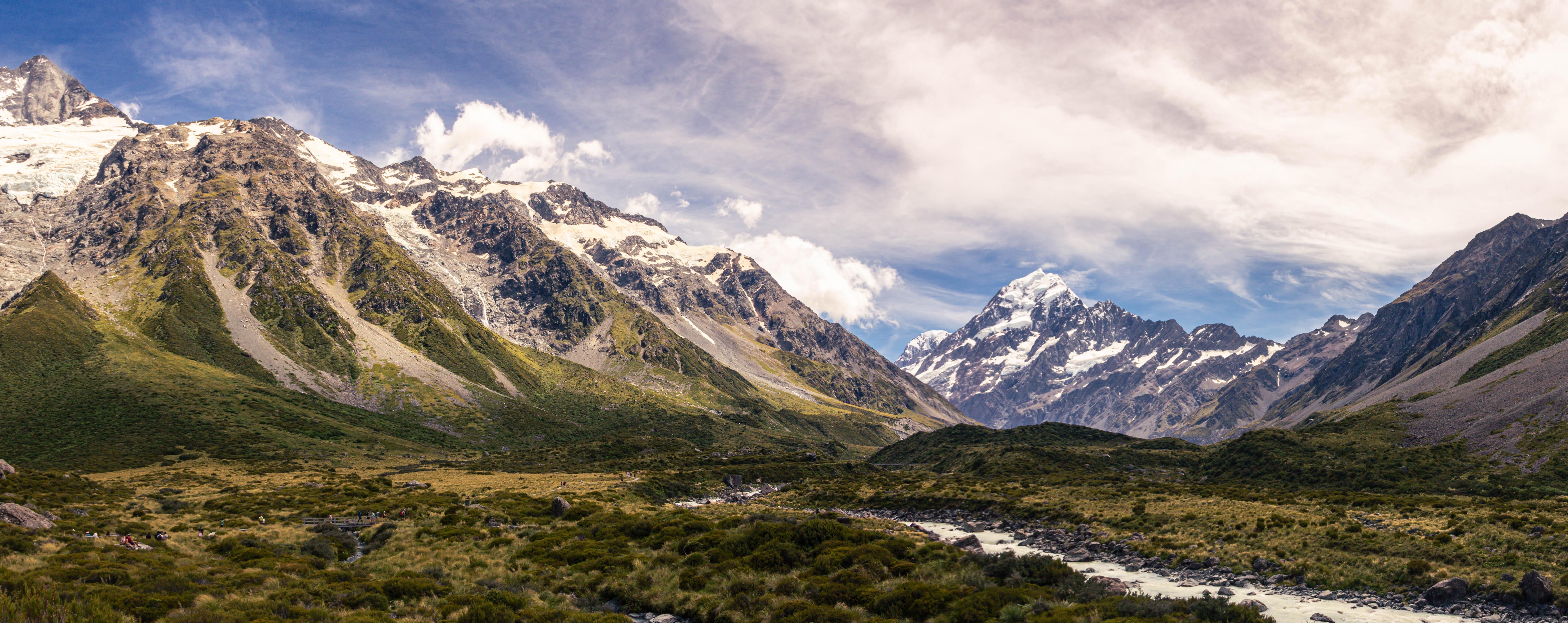 The image shows a panoramic view of a mountainous landscape with snow-capped peaks. The foreground features a grassy valley with a stream or river running through it. Clouds are present in the sky, adding to the scenic beauty of the area.