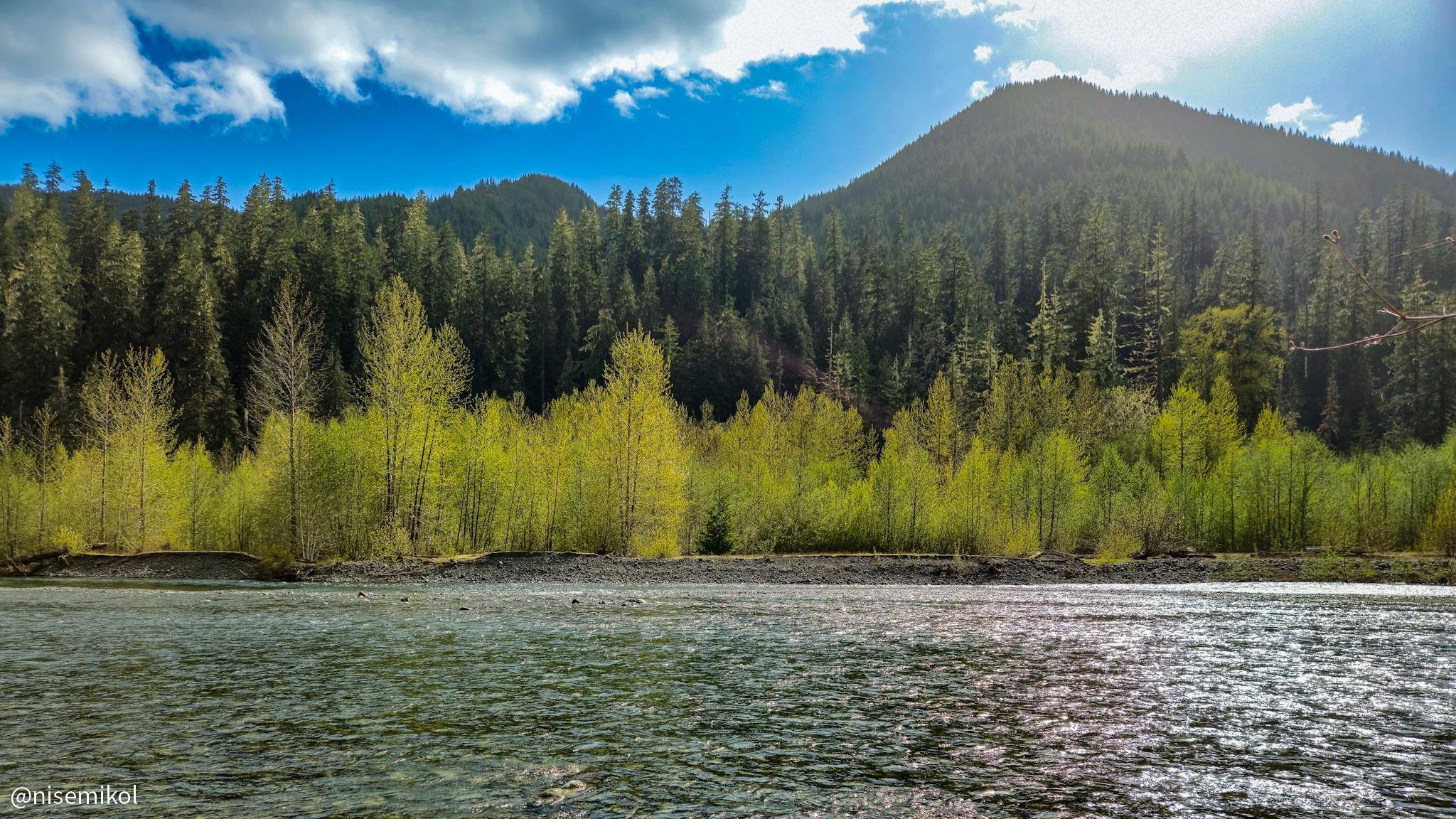 River in the foreground with clear, flowing water. Dense, green foliage and deciduous trees in the midground. Mountain covered with evergreen forest in the background. Blue sky overhead with some scattered clouds.