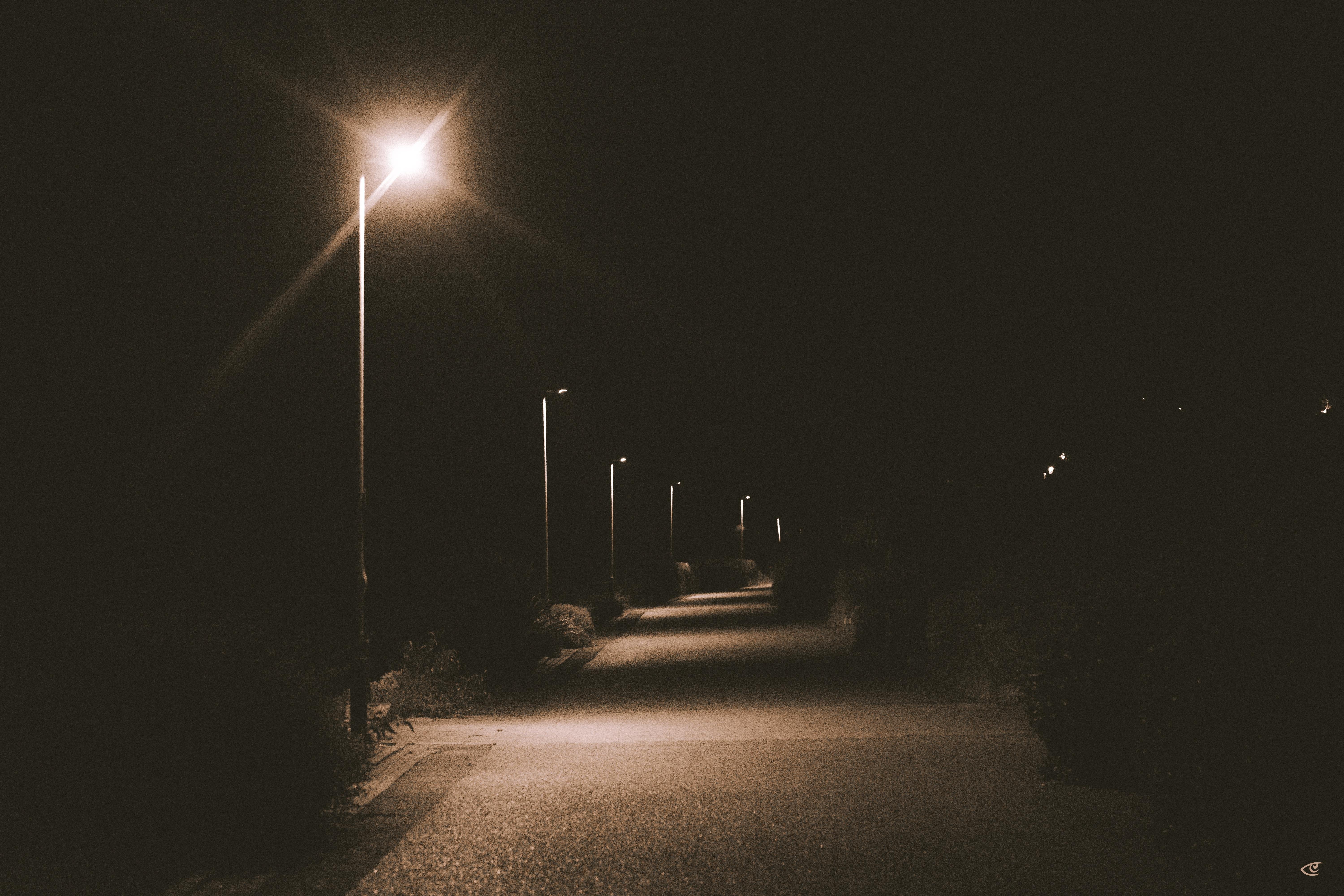 Nighttime view of a paved path receding into the distance, lined with tall streetlights on the left casting pools of light on the ground, with dark bushes and open darkness on both sides.