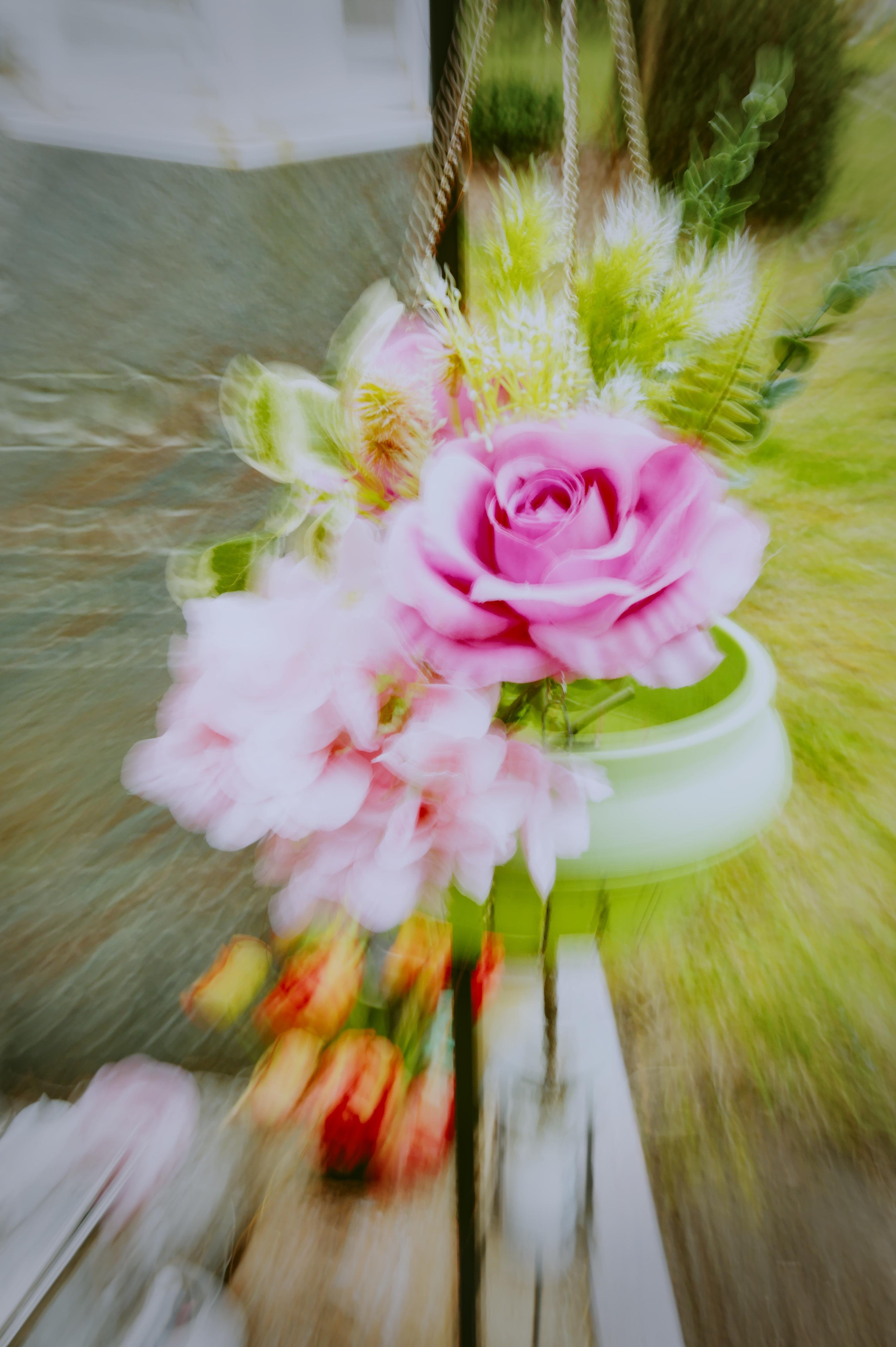 Motion-blurred close-up of a hanging flower arrangement with a large pink rose, pale pink blossoms, and green foliage in a small white container, suspended by two ropes against an outdoor background.
