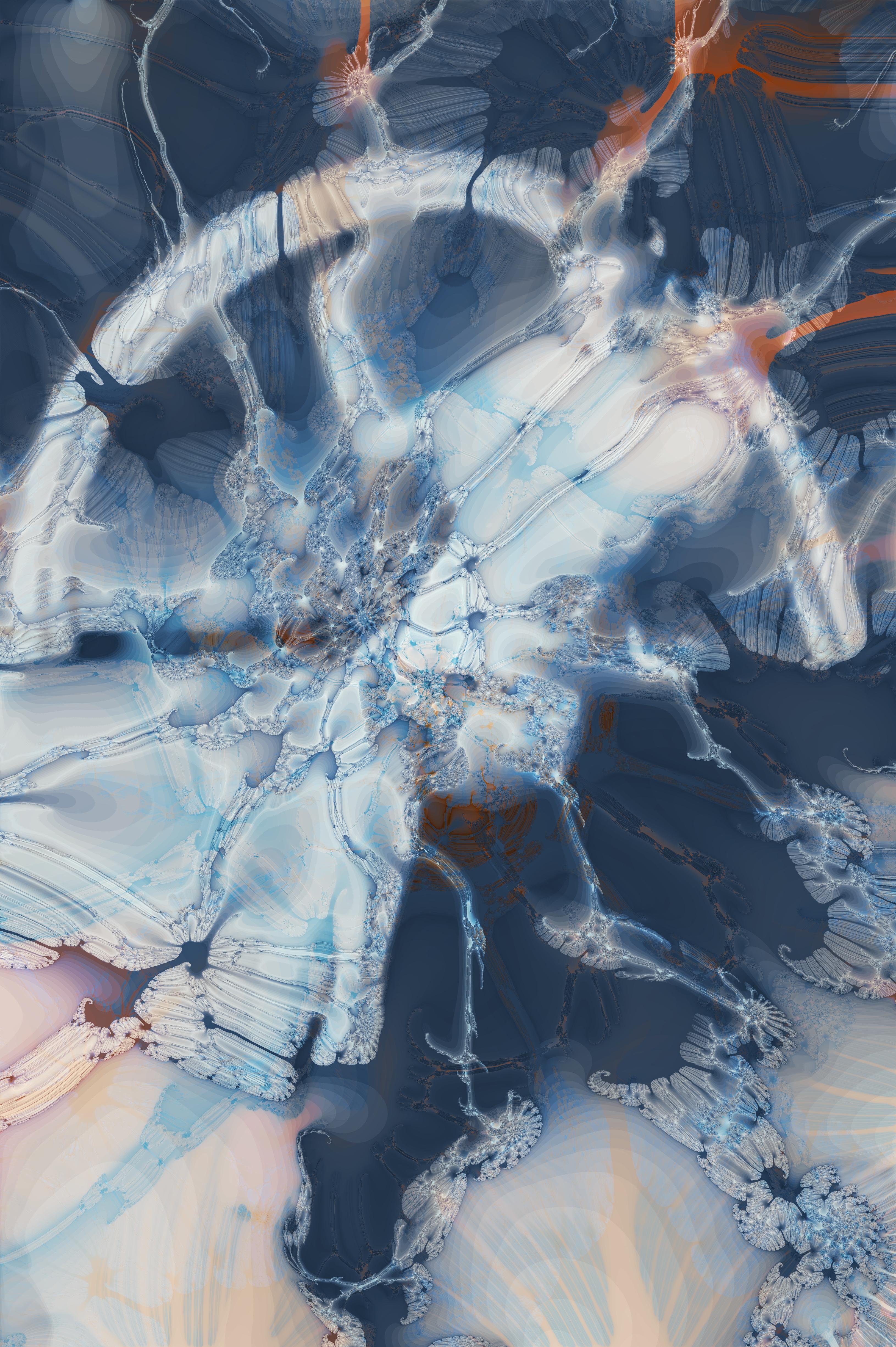 Abstract digital artwork with pale blue and white branching, vein-like lines radiating from a central cluster across a dark navy background, with translucent oval shapes and small orange streaks near the top and right edges.
A nude portrait of a young woman with a flexible aluminum tube, converted to B/W, provided with a fractal filter and then a color grading in 2-split
